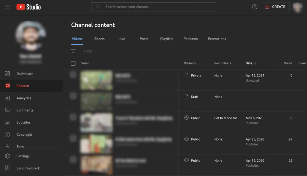 Blurred screenshot of a YouTube Studio Channel content page with a list of videos and menu sidebar.