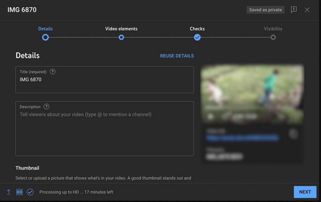 Blurred screenshot of a video details screen for completing a YouTube video upload in a web browser.